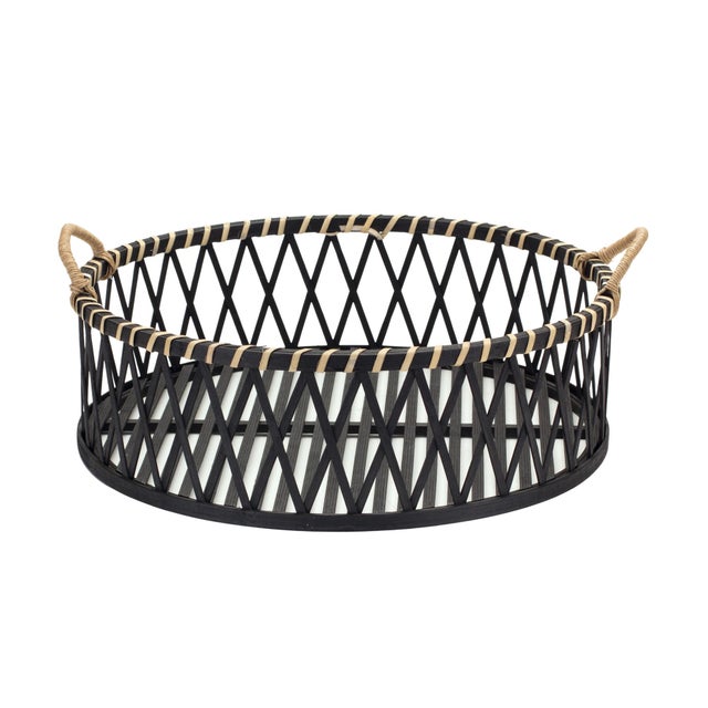 Rustic Round Woven Bamboo Trays with Rattan Handle Accent (Set of 2) For Sale - Image 3 of 3