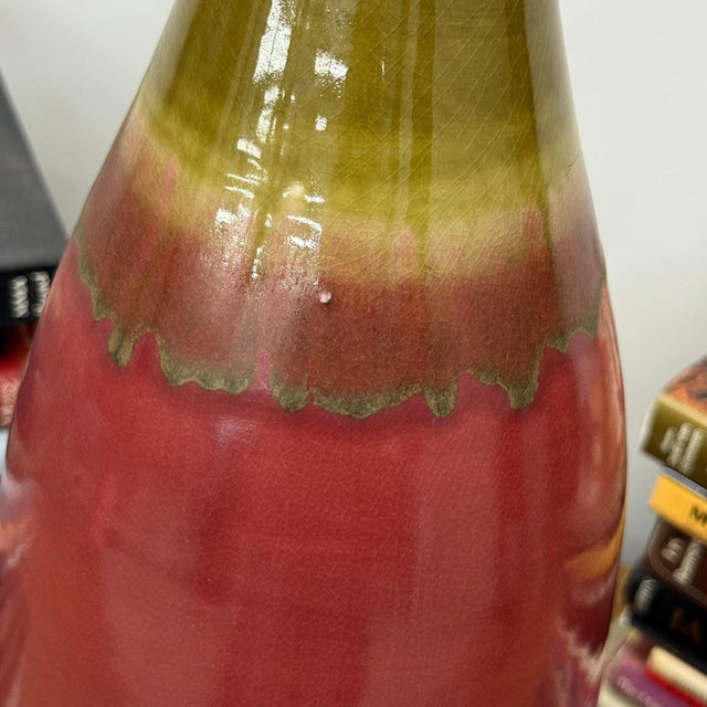 Ceramic Glazed Apple Red Ceramic Vase with Skinny Mustard Green Neck For Sale - Image 7 of 9