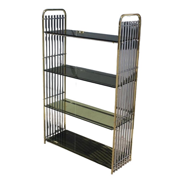 Italian Shelf in Chromed Metal, Brass & Glass, 1970s For Sale