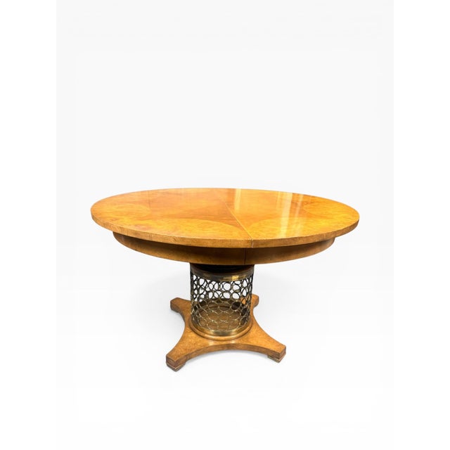 1960s 1960s Mastercraft Burl Wood Expandable Round Dining Table With Brass Pedestal Base and Three Leaves For Sale - Image 5 of 12