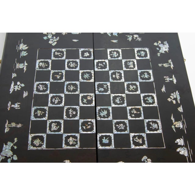Antique Victorian Chinese Black Lacquered and Abalone Inlaid Games Box For Sale - Image 11 of 12