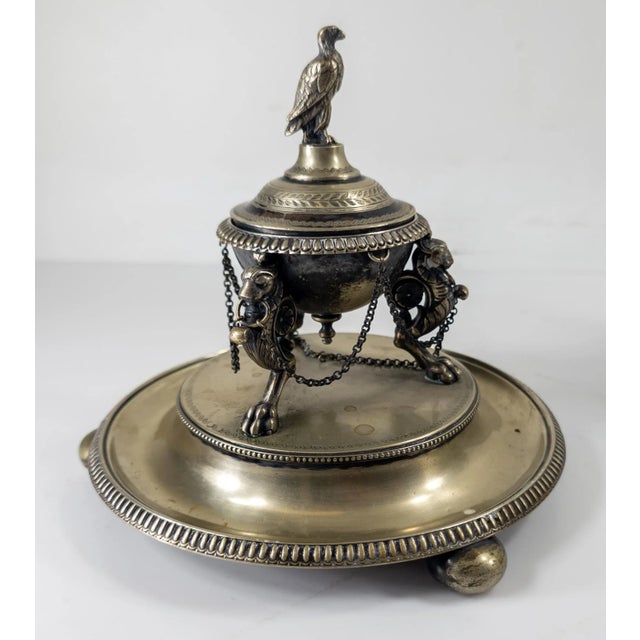 19th Century English Sheffield Silverplate Inkwell With Eagle Finial and Griffin Legs For Sale - Image 4 of 15