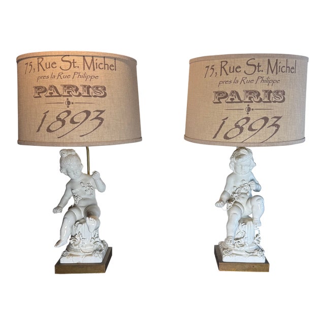 1960s Italian Blanc Du Chin Cherub Lamps - a Pair For Sale