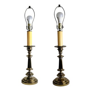 Vintage Mid-Century Modern Heavy Brass Beehive Candlestick Boudoir Table Lamps 31" Tall - a Pair For Sale