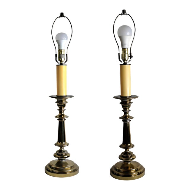 Vintage Mid-Century Modern Heavy Brass Beehive Candlestick Boudoir Table Lamps 31" Tall - a Pair For Sale