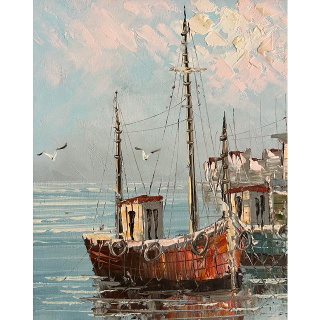 1970s Vintage Impressionist Oil Painting of Fishing Boats at Dock Signed W Jones For Sale - Image 5 of 8