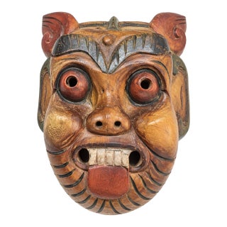 Mid 20th Century Thai Hand-Carved Wood Stylized Boar Folk Art Wall Mask For Sale