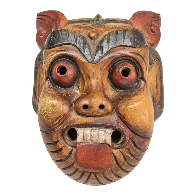 Mid 20th Century Thai Hand-Carved Wood Stylized Boar Folk Art Wall Mask For Sale