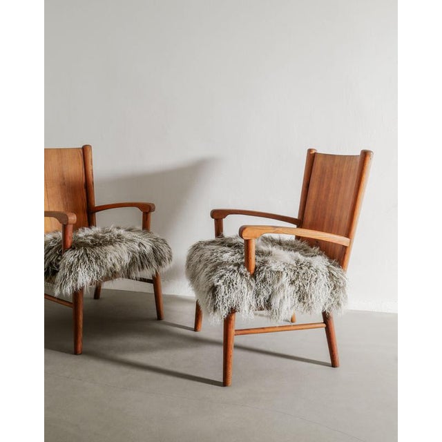 Swedish Modern Wooden Armchairs in Pine & Sheepskin, 1940s, Set of 2 For Sale - Image 4 of 9