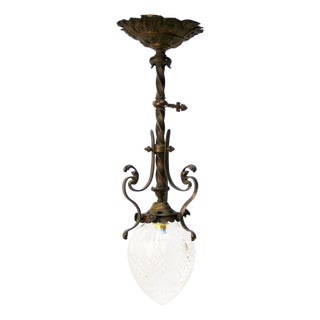 Art Nouveau Brass, Iron, and Clear Cut Glass Flush Mount For Sale