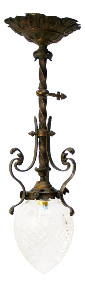 Art Nouveau Brass, Iron, and Clear Cut Glass Flush Mount