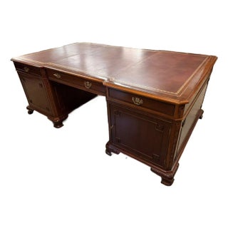 Mid-20th Century Chippendale Style Mahogany Partners Executive Desk With Embossed Leather Top, Circa 1950s For Sale