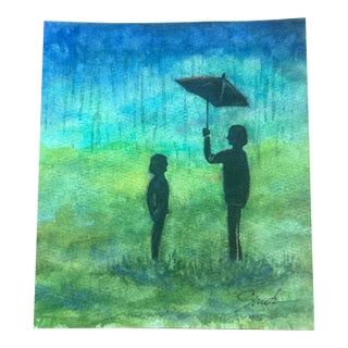 Signed Original Watercolor Painting “Silhouette in the Rain” For Sale