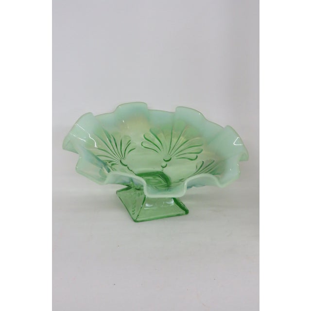 Jefferson Glass Beaded Fan Style Green Opalescent Candy Dish Square Foot 4566b For Sale - Image 12 of 13