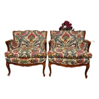 Vintage Pair of French Louis XV Style Beautifully Upholstered Bergere Chairs For Sale