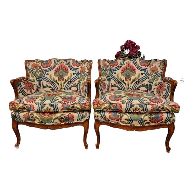 Vintage Pair of French Louis XV Style Beautifully Upholstered Bergere Chairs For Sale