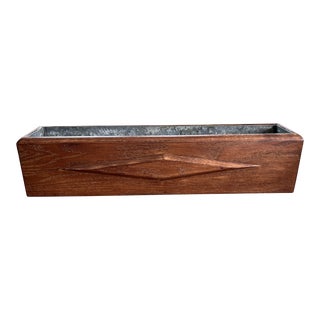 Vintage Mid Century Oak Wood Geometric Rectangle Planter For Sale
