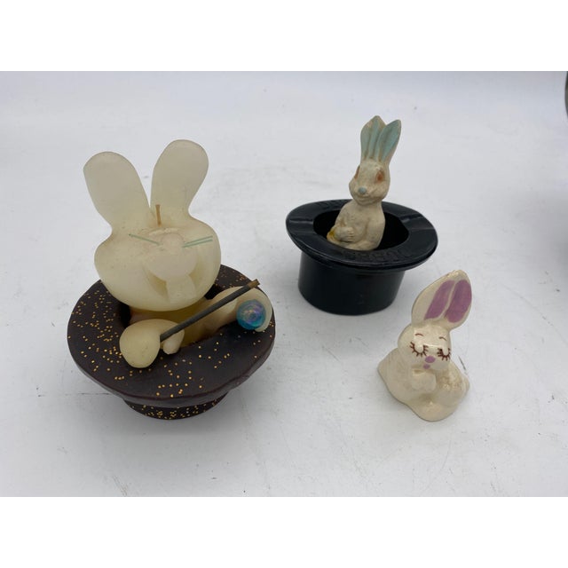 Magician Black Bunny in a Hat Rabbit Figural Collection featuring 4 Ceramic statues, 2 Ceramic tophats, 1 Ceramic tophat...