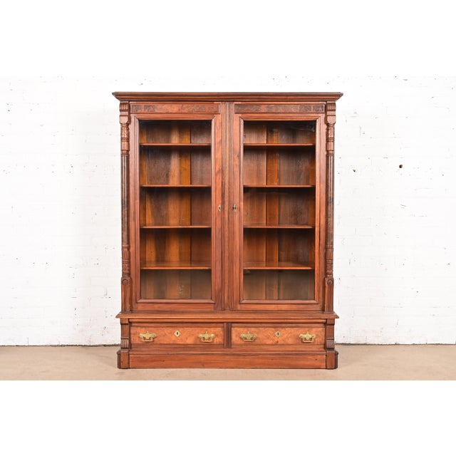 Herter Brothers Style Antique Eastlake Victorian Carved Walnut and Burl Wood Glass Front Bookcase, Circa 1880s For Sale - Image 13 of 13