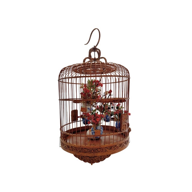 Late 20th Century Bird Cage Bamboo Wood With Miniature Faux Floral Asian Style Vintage Oriental Decor For Sale In Tulsa - Image 6 of 8