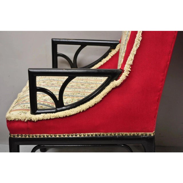 Vintage Chinoiserie James Mont Style Black Fretwork Lounge Arm Chairs - A Pair For Sale - Image 9 of 12