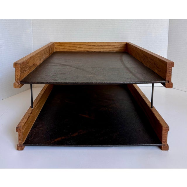 Mid-Century Modern 1960s Mid-Century Modern Oak & Black Leatherette Two-Tier Desk Organizer / Letter Tray For Sale - Image 3 of 12