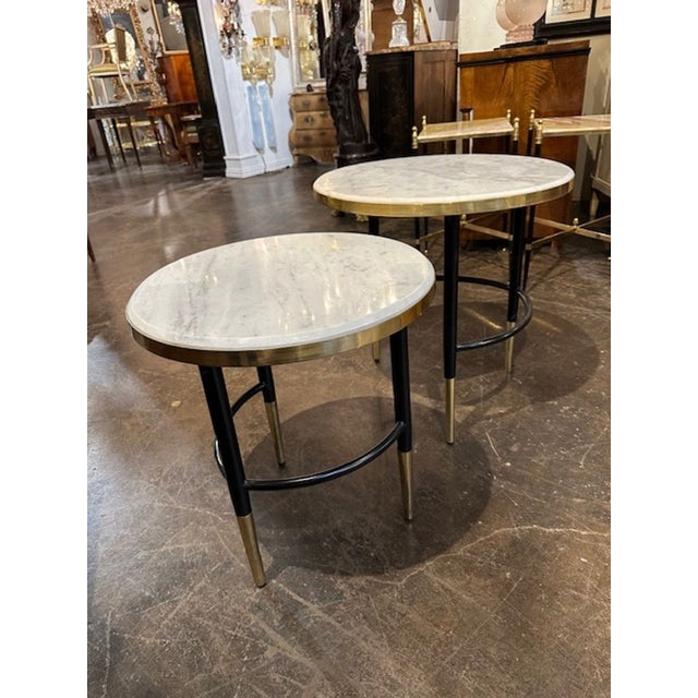 Mid-Century Modern Mid Century Modern Black Steel and Brass Nesting Tables With Marble Tops For Sale - Image 3 of 5