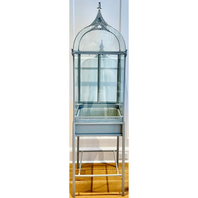 Greige Painted Metal & Glass Terrarium on Stand With Curved Roof For Sale - Image 8 of 13