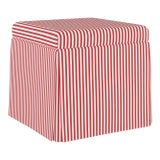 Image of Skirted Storage Ottoman in Candy Stripe Red Oga For Sale