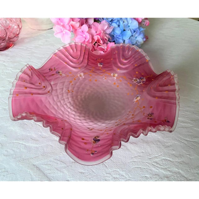 Bohemia Late 19th Century Bohemian Victorian Art Glass Pink Cranberry Satin Glass Bride's Bowl with Diamond Optic Quilting Enameled Flowers For Sale - Image 4 of 13