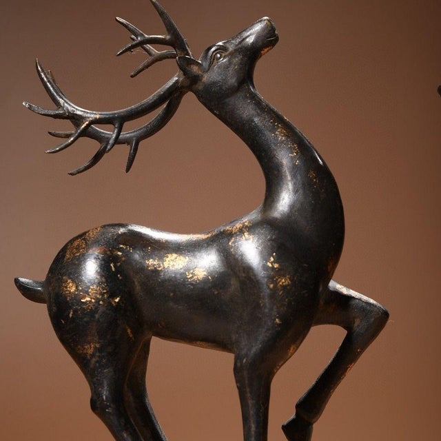 Metal Pair of Vintage Chinese Gilt Bronze Deer Figures – Standing Auspicious Deer Sculptures For Sale - Image 7 of 9