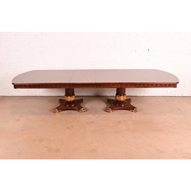 Karges Furniture Style Italian Neoclassical Inlaid Burl Wood and Parcel Gilt Extension Dining Table, Newly Refinished For Sale - Image 16 of 16