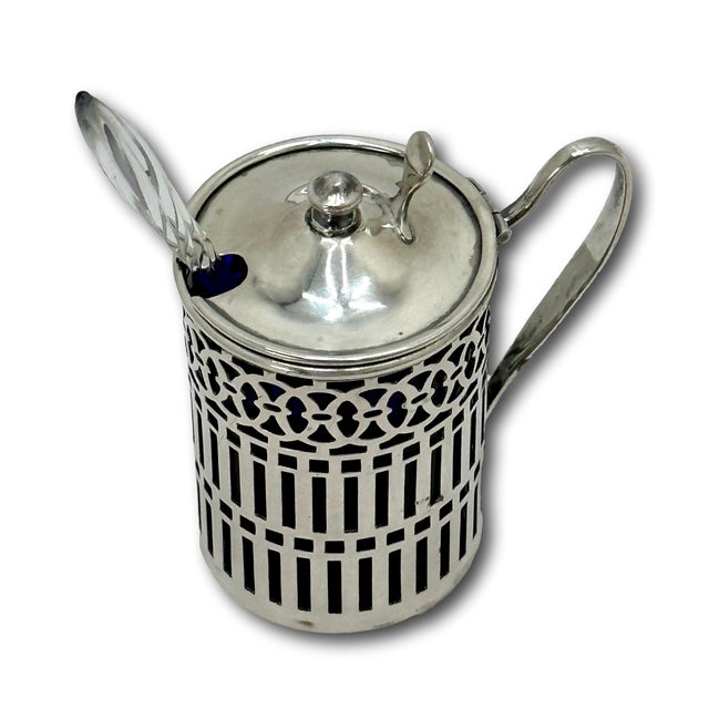 Unusual Small Size Early 1900s Antique American Sterling Silver & Cobalt Blue Glass Mustard Pot & Spoon For Sale - Image 9 of 12