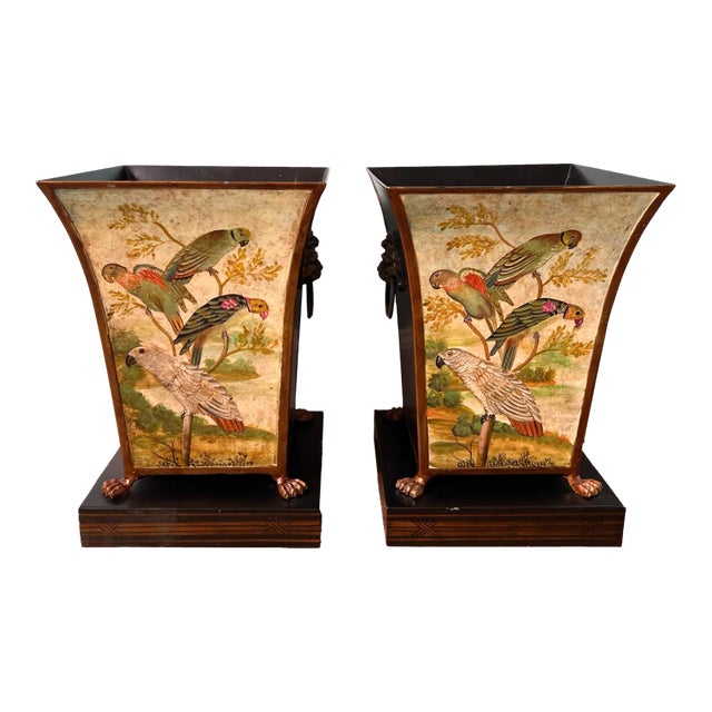 Vintage Pair of French Style Tole Cachepots With Bird/ Parrot Motif - a Pair For Sale