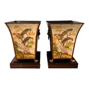 Vintage Pair of French Style Tole Cachepots With Bird/ Parrot Motif - a Pair