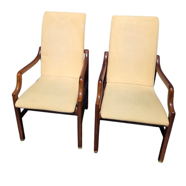 Brass 1980s 2 Henredon Scene One Campaign Dining Room Armchairs MCM Oak Brass For Sale - Image 8 of 14