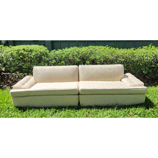 wonderful mid to late 1950s American sectional sofa, custom made and still all original, sculpted cream damask fabric,...
