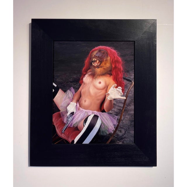 This oil on canvas artwork presents a surreal figure seated in a chair, blending human and animal characteristics with a...