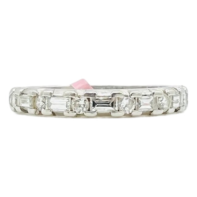 White Diamond Baguette and Round Band Ring in Platinum, Size 9 For Sale