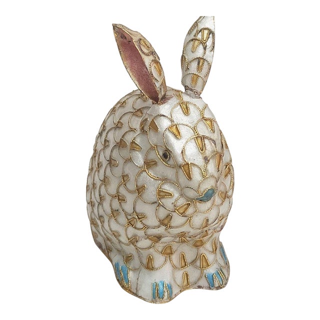 Vintage Cloisonné Enamel Rabbit Figure – White Ground With Gilt Fur Motif, Silver-Blue Technique For Sale