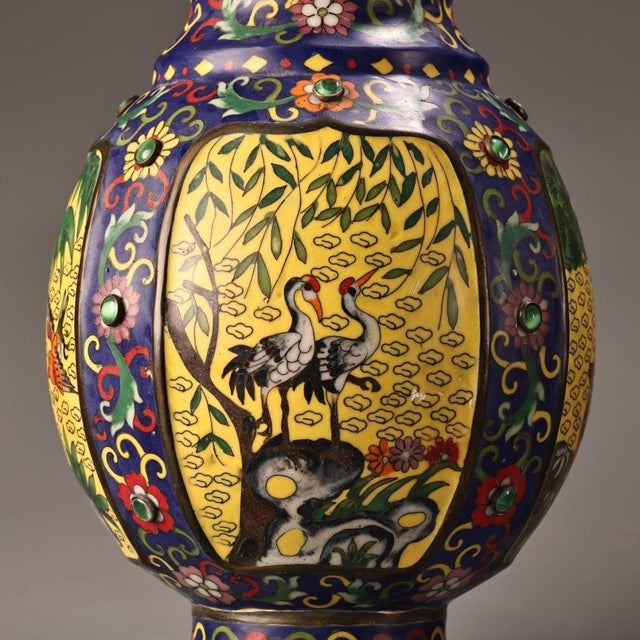 Pair of Large Vintage Cloisonné Enamel Panel Vases With Handles | Chairish