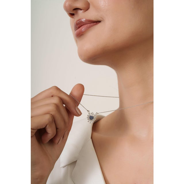 Ink Blue Sacred Heart Blue Sapphire & Diamond Sunburst Pendant Necklace in 14k White Gold For Sale - Image 8 of 17