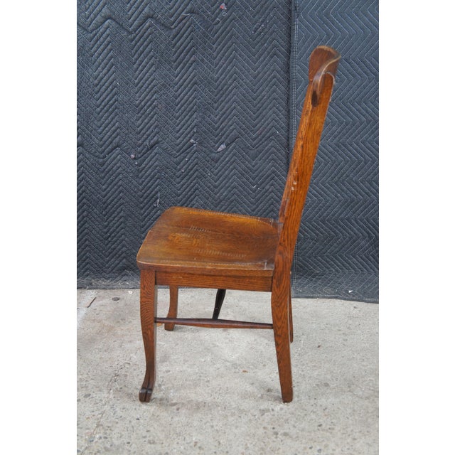 Antique Arts & Crafts Quartersawn Oak Saddle Seat Desk Side Chair Paw Foot For Sale - Image 4 of 12