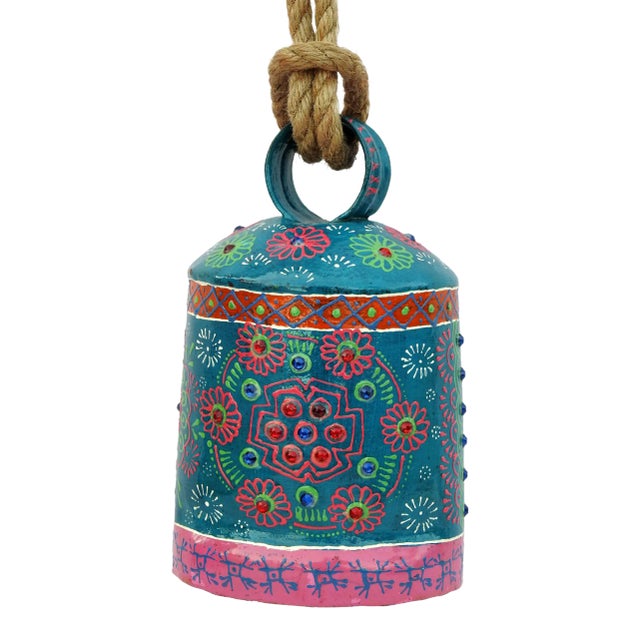 Vintage Cow Bell Metal Decorative Emboss Hand Painted For Sale