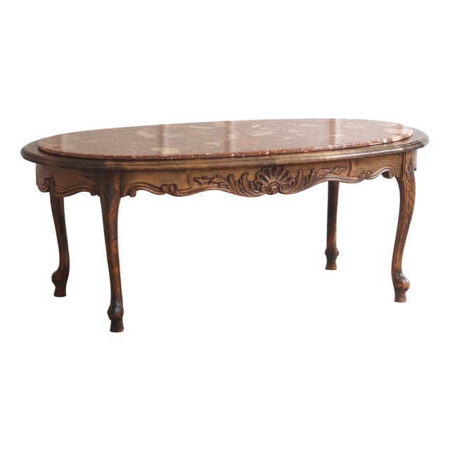 French Coffee Table with Red Marble Top and Curved Wooden Frame For Sale