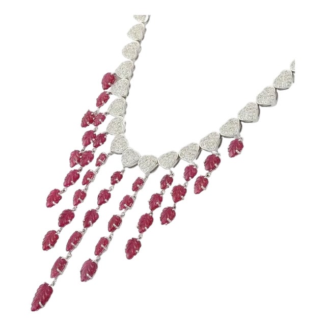 Victorian 20.5ct Carved Ruby & 6.25ct Diamond Cluster Drop Necklace in 18k Gold For Sale