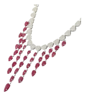 Victorian 20.5ct Carved Ruby & 6.25ct Diamond Cluster Drop Necklace in 18k Gold
