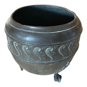 Antique Brass Jardiniere Planter Geometric Design Motif Ball Claw Three-Foot