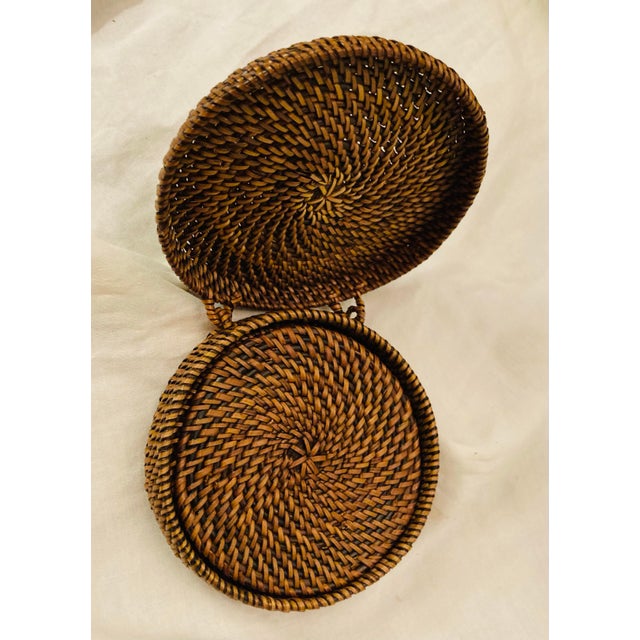 Coastal Set of Four Round Coasters Inclosed in Woven Wicker Case For Sale - Image 3 of 5