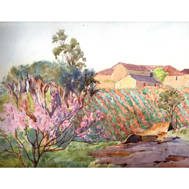 A beautiful and skillfully painted original watercolor of a rural landscape scene by early 1900s watercolor painter Jessie...